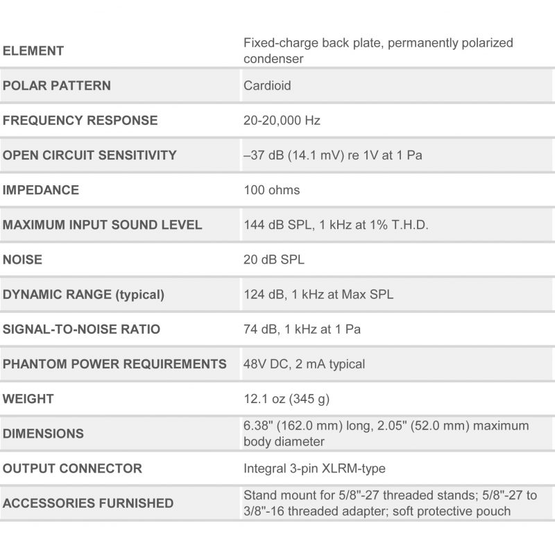 AT2020 Side-Address Condenser Microphone Specs